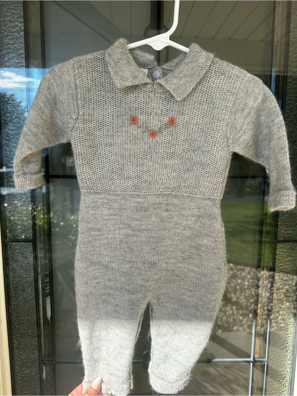 Kusi Wawa Wool Blend Grey Baby One-Piece with Collar and Orange Floral Detail